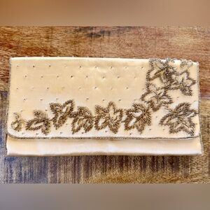 La Regale Vintage Yellow Satin Clutch with Gold Leaf Hand-beaded Design